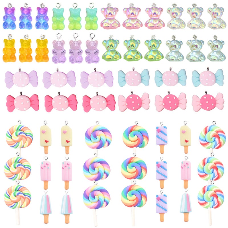 ZOCONE Colorful Candy Pendant, 60 Pcs Mixed Cute Charms Set With Gummy Bear, Ice Cream, Sweet Candy, Lollipop Shape Polymer Clay and Resin Charms for Jewelry Making - Image 1